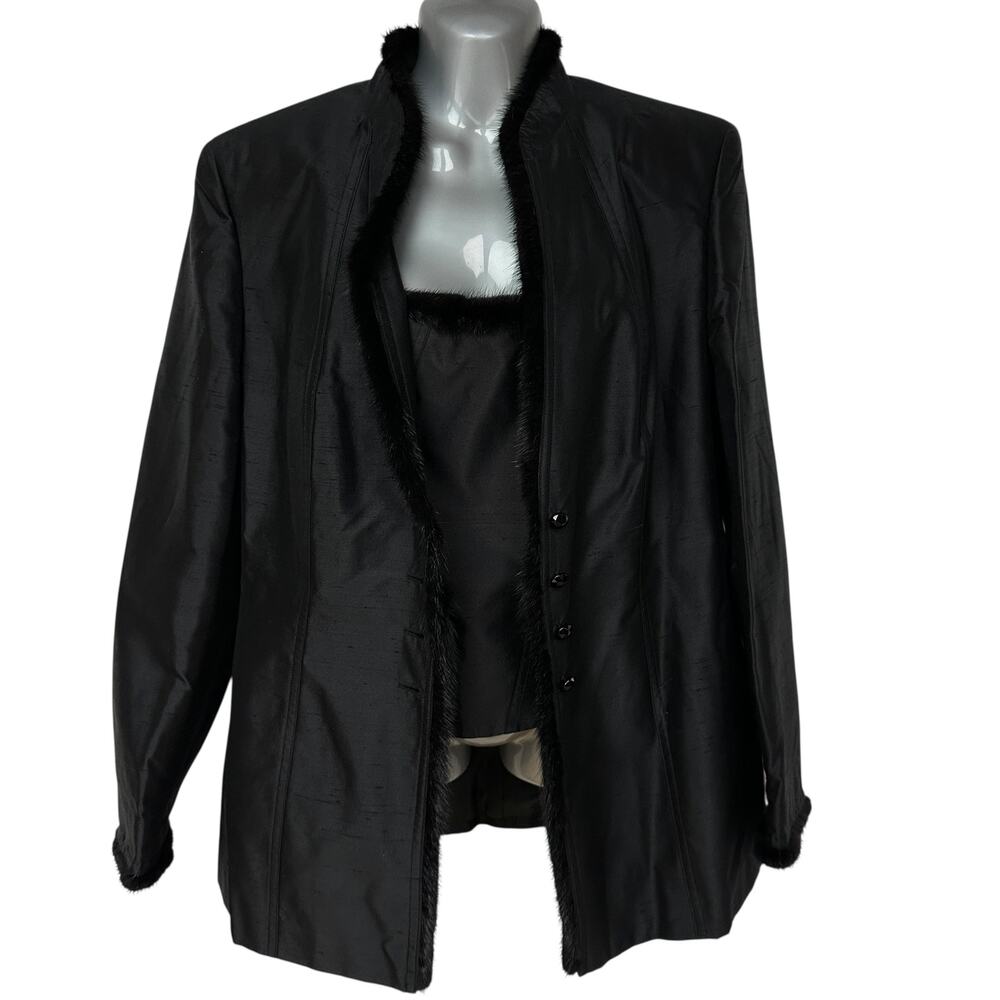 Vintage Escada Three Piece Suit Black Silk Mink Blazer Skirt Tank Womens Size 42